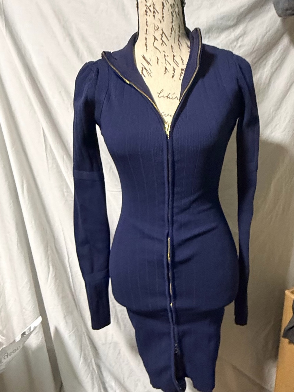 Fashion Nova Navy Blue Ribbed Knit Zip-Up Bodycon Dress - Size S